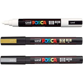 Posca PC-5M Paint Marker Art Pens - 1.8-2.5mm Nib - White, Silver & Gold Ink - Pack of 3