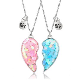 GOVENUS BFF Best Friend Necklace For Women, Matching Puzzle Split Pink Blue Heart Necklaces, Stainless Steel Friendship Gift, Silver