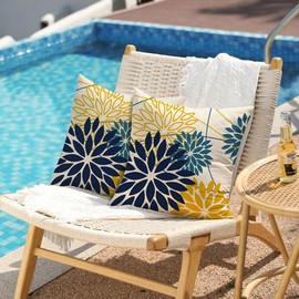 Blue Yellow Flower Pillow Covers 16x16 Inch Set of 2 Outdoor Throw Pillows Outdoor Waterproof Decor for Living Room Sofa Patio Funiture Garden Floral Polyester Pillow Covers 01P