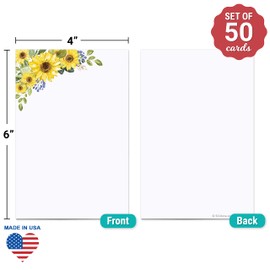 321Done Blank Sunflower Cards - 4x6 (Set of 50) Floral Design Notecards, Plain Floral Cards - Thick Heavyweight Cardstock - Bright Yellow Sunflowers on White - No Envelopes - Made in The USA