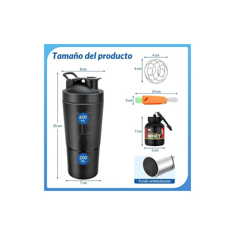 Shaker de Proteína HomeChi 700ml Acero Inoxidable Negro con Compartimento