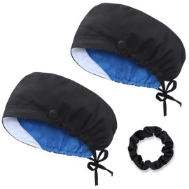 IRIS CRAFT IRIS CRAFT Adjustable Cotton Scrub Cap with Button, 2 Pack Cotton-Lined Working Hat Sweatband, Double Layer Elastic Bandage Tie Back Working Hats for Women & Men, One Size, Black*2 PCS