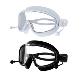 Swim Goggles, Clear Anti-Fog Diving Mask, UV Protection Swimming Goggles With Earplugs for Adult Men Women 2pcs (Black&white)