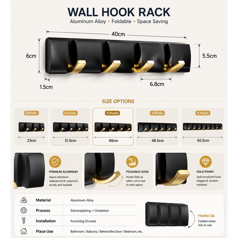 Foldable Wall Hooks for Bathroom & Home Organization – Space-Saving