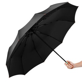 Yaneno Windproof Travel Folding Umbrella Compact Light Real Wood Handle Automatic Open Close Button Strong and Portable Wind Resistant Umbrella for Rain (Black)