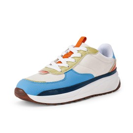 Tenis de plataforma con cordones para mujer, estilo retro, de piel sintética, con bloques de color, cómodos, antideslizantes, para caminar, Azul / Patchwork, 5 US