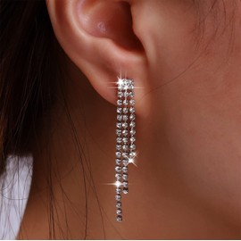 Atentuyi Silver Rhinestone Tassel Earrings Shiny Long Chandelier Earrings Rhinestone Chain Drop Earrings Rhinestone Linear Drop Earrings Crystal Linear Earrings Jewellery for Women and Girls, Zinc,