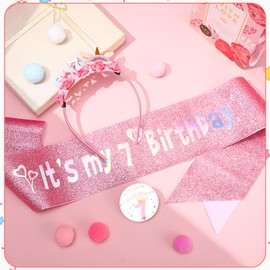 Birthday Girl Headband, 7th Floral Birthday Crown Glitter Sash and Badge Set for Birth Day Decorations Girls,Princess Crown Hats Girl Headband for Kids Princess Party Glitter Hair Band Decorations