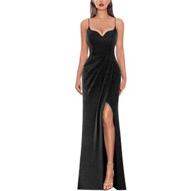 VFSHOW Womens 2025 Shiny Sparkly Beaded Formal Prom Maxi Dresses Ruched High Slit Spaghetti Strap Sweetheart Neckline Bodycon Evening Gown Dress (Black, XX-Large) 12105 BLK XXL