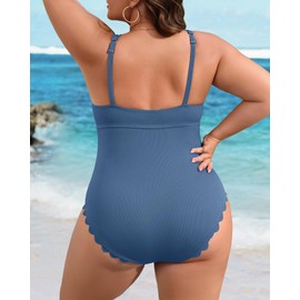 Charmo Plus Size Bathing Suit for Curvy Women One Piece Ribbed Scalloped Tummy Control Ruched Cut Out Swim Suits 2025 Blue 2X