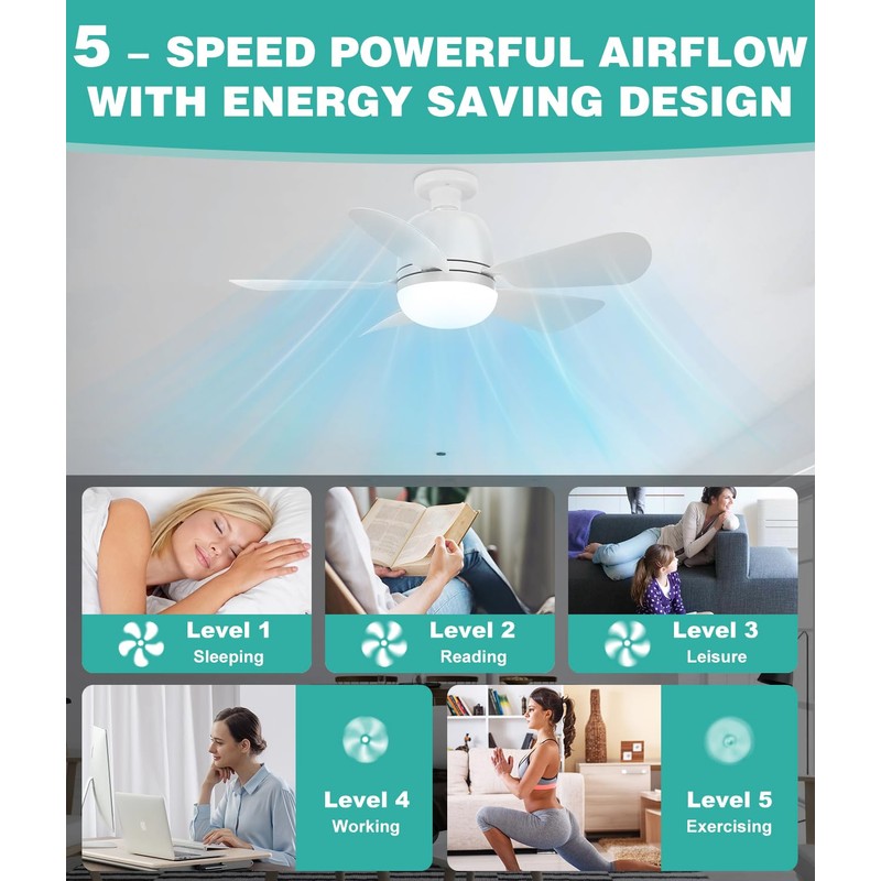 HK Ceiling Fan with Light and Remote,20 Inch, 5 Speeds