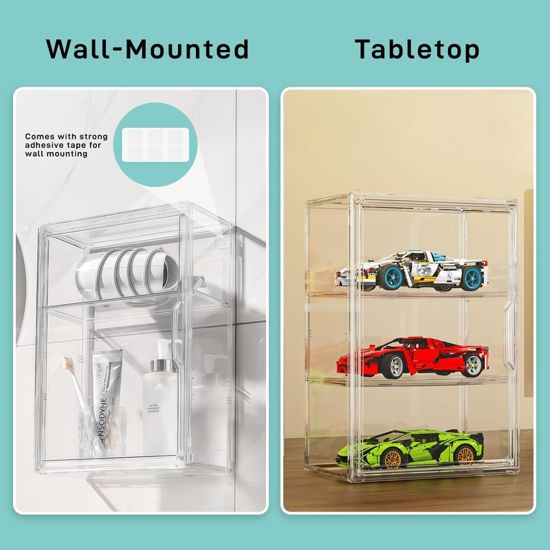 3 Tier Acrylic Display Case for Figures, Stackable Clear Storage