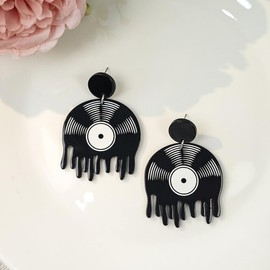 Funny Melting Vinyl Record Stud Earrings for Women Acrylic Music Dangle Jewelry Statement Charm 70s 80s 90s Retro Gifts (Black)