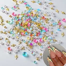 Colorful Bubble Beads Mermaid Nail Art Charms Aurora Pearls Candy Stone Mix Gold Stars Nail Art Rhinestone Half-Round Flat Back Gold Beads Nails Supplies for Women Manicure DIY Crafts Decorations