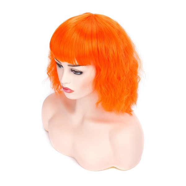 Morvally Short Wavy Curly Bob Wig with Bangs Natural Heat Resistant Synthetic Hair Cosplay Costume Party Wigs (Orange)
