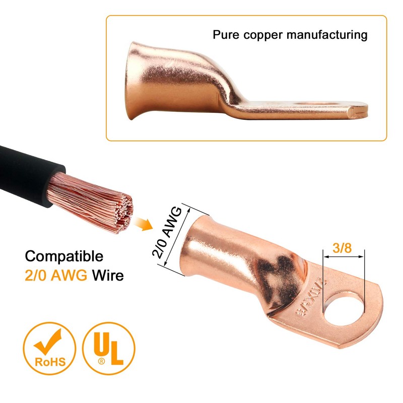 SVAAR 10pcs 00 Gauge Copper Lugs 2/0 AWG-3/8" Ring Terminal