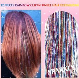 Nineibei 12Pcs Hair Tinsel Clip in Glitter Tinsel Hair Clip in Hair Extensions Kit Sparkly Fairy Hair Accessories for Women Girls 24Inch Colorful Tinsel Hair Clips with Face Gems (Colorful 12Pcs)