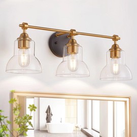 Quasipeda 3 Light Bathroom Vanity Light Black and Gold, Modern Bathroom Light Fixtures Over Mirror with Clear Glass Shade, Wall sconces Lighting for Bathroom, Living Room, Bedroom
