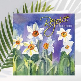 Religious Easter Cards - Rejoice! He is Risen!, pack of 5 cards with white envelopes, with Bible verse inside these Christian Easter cards, by Just Cards Direct
