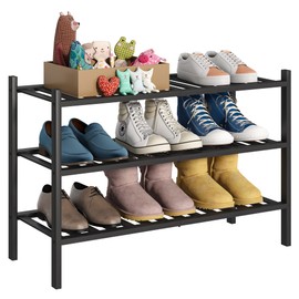 BMOSU 3-Tier Bamboo Shoe Rack Premium Stackable Shoe Shelf Storage Organizer for Hallway Closet Living Room Entryway Organizer (Black Bamboo)