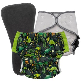 EcoAble Nighttime Cloth Diaper Set for Big Kids, Age 6–16 | Special Needs Protective Briefs for Incontinence & Bedwetting (Dinosaur, Junior 1)