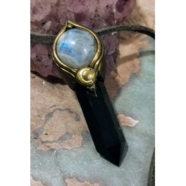Book Of shadows. Wiccan Witch Jewelry Black Obsidian Necklace for Women with Rainbow Moonstone Pendant Triple Moon Goddess Protection Amulet Wicca Jewelry Gifts. (Golden Color Base)