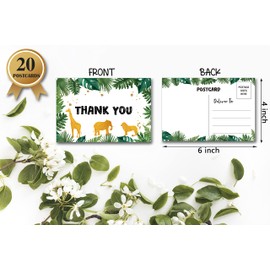 Birthday Thank You Postcards, Greenery Jungle Animals Thank You Cards for Kids Girls Boys Birthday Party, Baby Shower Party, Set of 20 (A01)