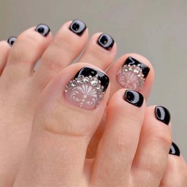 Black French Tip Press on Toenails White Flower Fake Toe Nails Rhinestone False Toenails with Design Glossy Glue on Toenails Full Cover Artificial Acrylic Stick on Toenails for Women Girls 24Pcs