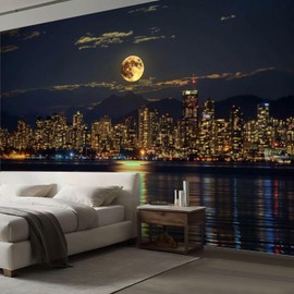 UYS69Z5PG Peel and Stick Wallpaper Moonrise Above Downtown Vancouver Canvas Wallpaper Self Adhesive Wall Decals Removable Wall Mural for Room Decor Bedroom Living Room