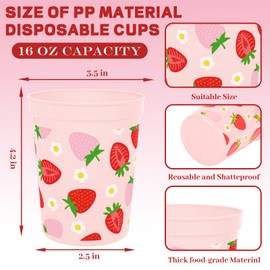 JarThenaAMCS 16Pcs Strawberry Plastic Cups 16oz Pink Red Berry Fruit Disposable Drinking Cup for Birthday Baby Shower Party Supplies