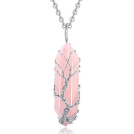 XIANNVXI Rose Quartz Point Necklace Tree of Life Wire Wrapped Crystal Pendant Necklaces Healing Stone Natural Reiki Hexagonal Gemstone Jewelry for Women Mom Mother