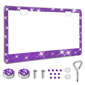 HQRNYP Bling License Plate Frame for Women, License Plate Holder, Sparkly Rhinestone Car Tag Holder Frame with Crystal Screws Caps, Stainless Steel Diamond Car Tag Cover for Women Girls (Purple)