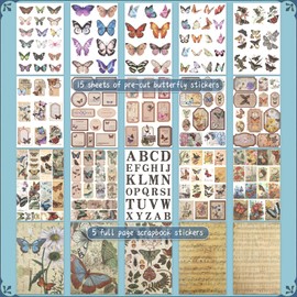 NOGAMOGA Scrapbooking Sticker Set, Vintage Butterfly Sticker Book for Journaling Albums, 204 Bullet Journal Stickers and 5 Full Size Scrapbook Washi Stickers, Butterfly Ephemera