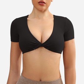 YEOREO Kyla Workout Crop Tops for Women Short Sleeve Twist Front Crop Tank Top Padded Sports Bra Casual Shirts Black M