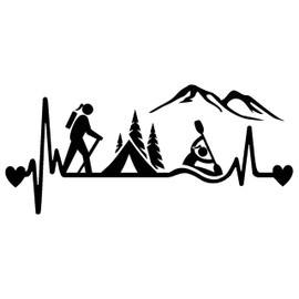 Hiker Girl Camping Tent Kayak Heartbeat Decal Sticker Black Vinyl 8.0 Inch BG 485BK