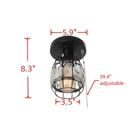 Baiwaiz Crystal Cage Pull String Semi Flush Mount Light, 1-Light Black Metal Modern Industrial Ceiling Light Fixture with Pull Chain Small Round Hallway Closet Ceiling Light Edison E26 162