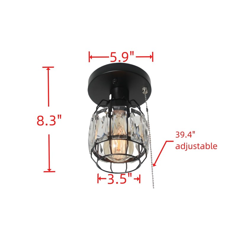 Baiwaiz Crystal Cage Pull String Semi Flush Mount Light, 1-Light