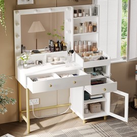 VIAGDO White Vanity Desk with Mirror and Lights, Makeup Vanity with Charging Station & 3 Storage Compartments, Makeup Desk with Drawers and Open Storage Shelves, Bedroom Dressing Table