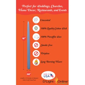 D'light Online Elegant 10" Light Blue Taper Candles, Premium Quality Hand-Dipped Tapered Candles, Dripless and Smokeles - Set of 12 Individually Wrapped (10 Inch, Light Blue)