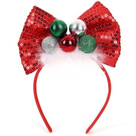 Ecuupas 2024 Happy New Years Headband Bow Hairband Red Shinny Glitter Green Bell Bowknot Headdress Design for Women Girls Kids Winter Head Wear Gifts Happy New Years Head Accessories