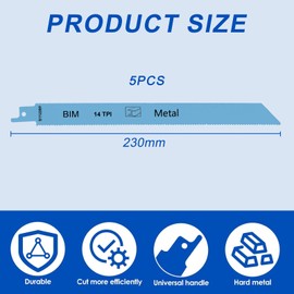 5 Pack Reciprocating Saw Blades, S1122BF 230mm 14TPI, Bi-Metal Reciprocating Saw Blades For Cutting Steel Pipes, Sheet Metal & Conduit – Fits Bosch Dewalt Ryobi Sabre Recip Saws