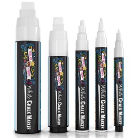 CHALKY CROWN 5pc White Chalk Markers - Non-Toxic Liquid Chalkboard Markers, White Liquid Chalk Marker for Windows, Glass - 1, 3, 6, 10, 15mm Tips