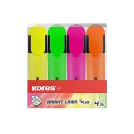 Kores - Highlighter Pens - Bright Liner Plus, Fluorescent, Water Based-Ink Highlighter Pen Set with Ergonomic Shape - Stationery Supplies, Office Supplies - Set of 4 Assorted Colours