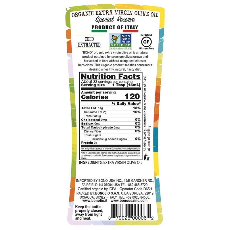 BONO 100% Italian Organic Extra Virgin Olive Oil, 3 pack