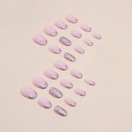 Lifextol French Tip Press on Nails Short Almond Fake Nails Stick on Nails Press ons with Adhesive Tabs,Glitter Extra Short Pink Nails for Women 24pc