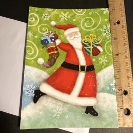 Vtg Christmas Card UNUSED Santa Claus Sharla Fults 5x7 Green Red Snowing