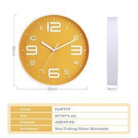 PAWTTY 12” Wall Clock Silent Non Ticking Arabic Numeral Clock Yellow Round Decorative Wall Clocks for Home Living Room, Bedroom,Kitchen,Office and School- Yellow