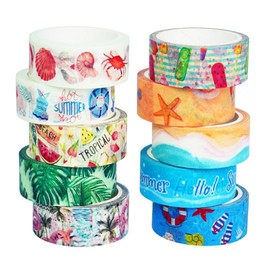 Zmupl 10 Rolls Summer Decorations Washi Tapes, Summer Hawaiian Beach Pool Party Decorative Tape Seashell Tropical Palm Leaf Tapes for Summer Crafts Scrapbooking Gift Wrapping Decorations