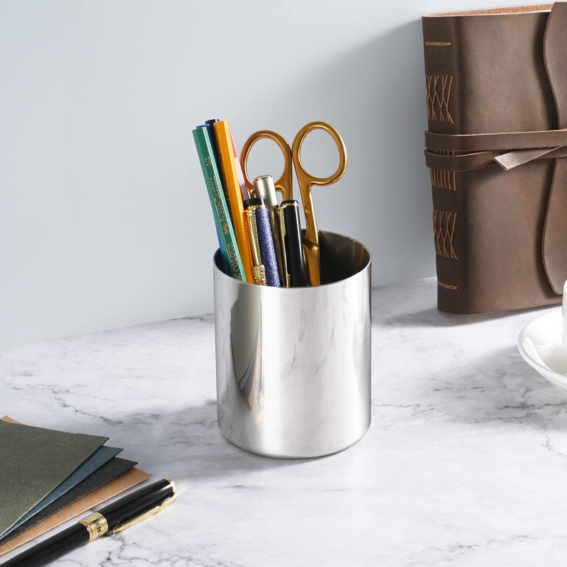 Bidponds Silver Desk Pen Holder, 304 Stainless Steel Pen Holder,