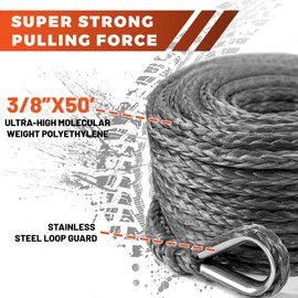 YUNPEAK Winch Rope Extension, 3/8'' x 50ft 27,000Lbs Synthetic Winch Extension Rope, Winch Extension Line for Off Road Vehicle ATV UTV SUV Jeep (Gray)